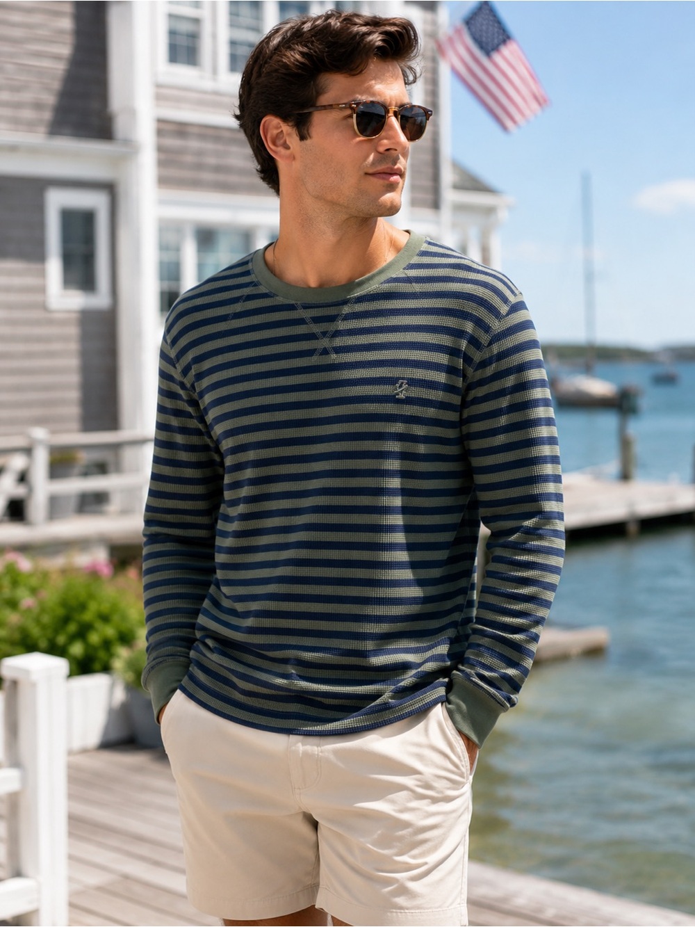 IZOD Men's Casual Sporty Striped Long Sleeve Green/Navy Waffle Weave Shirt, XL